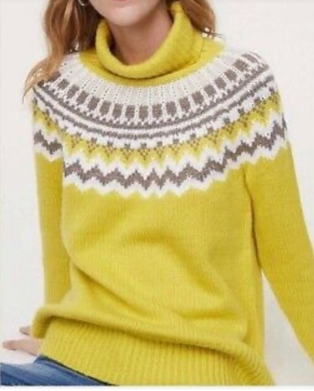 Loft Turtleneck Fair Isle Wool Blend Yellow Silver Metallic Thread Size Small